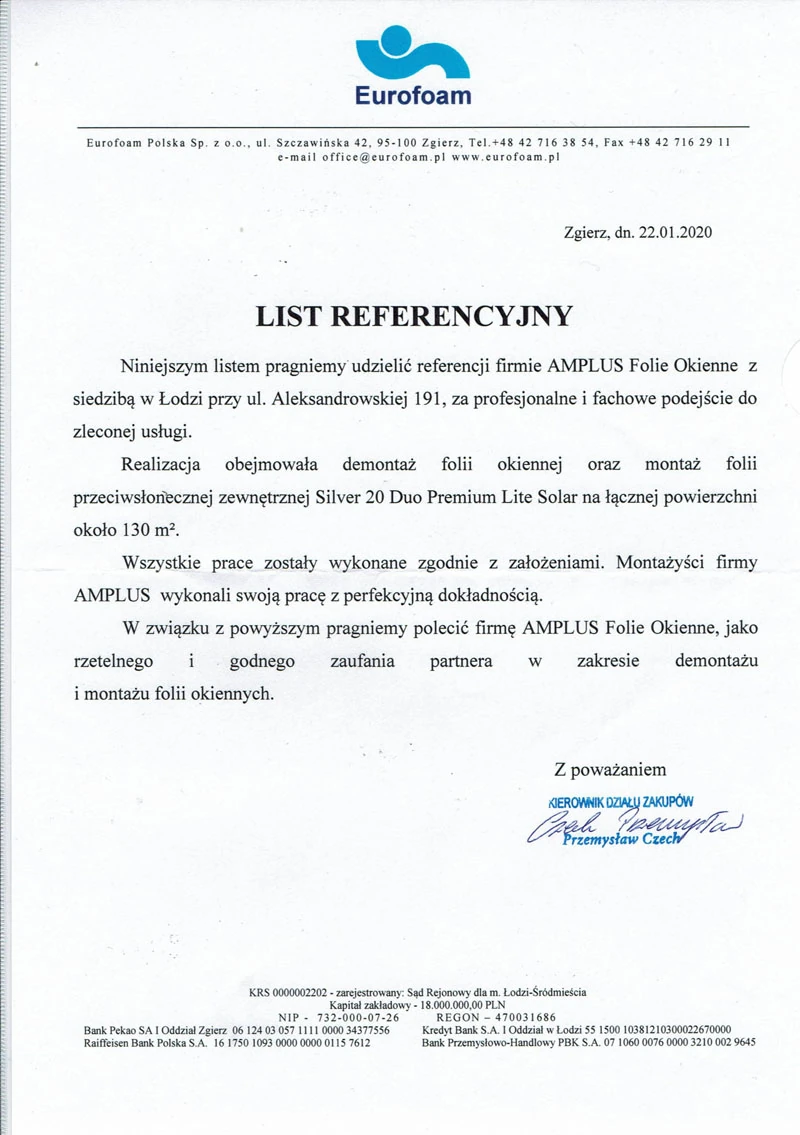 Referencje folia przeciwsłoneczna zewnętrzna 130 metrów kwadratowych od Eurofoam – Zgierz