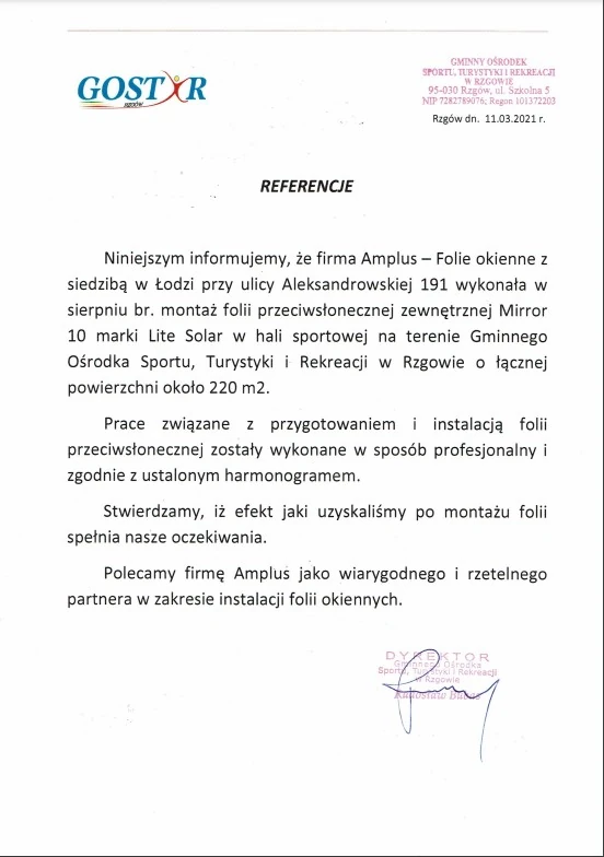 Referencje folia lustrzana 220 metrów kwadratowych od Gminnego Ośrodka Sportu, Turystyki i Rekreacji – Rzgów