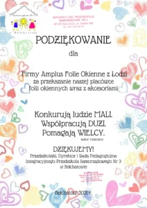 Podziękowanie dla firmy Amplus od Integracyjnego Przedszkola Samorządowego nr 3 – Bełchatów