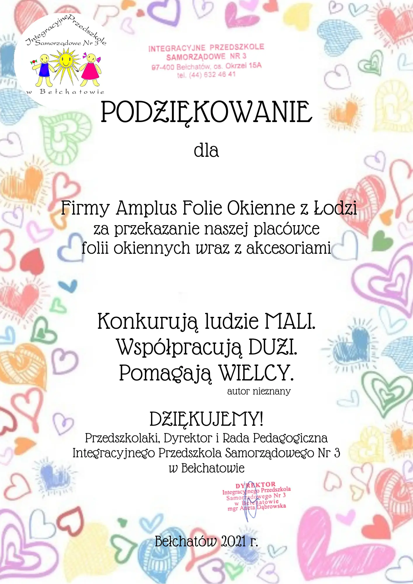 Podziękowanie dla firmy Amplus od Integracyjnego Przedszkola Samorządowego nr 3 – Bełchatów