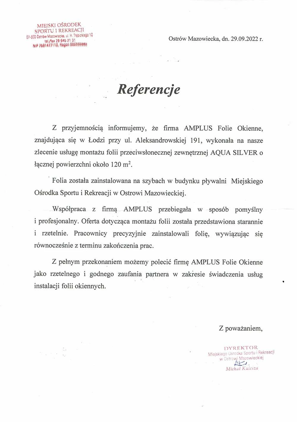 Referencje folia AQUA Silver 120 metrów kwadratowych od Miejskiego Ośrodka Sportu i Rekreacji – Ostrów Mazowiecka