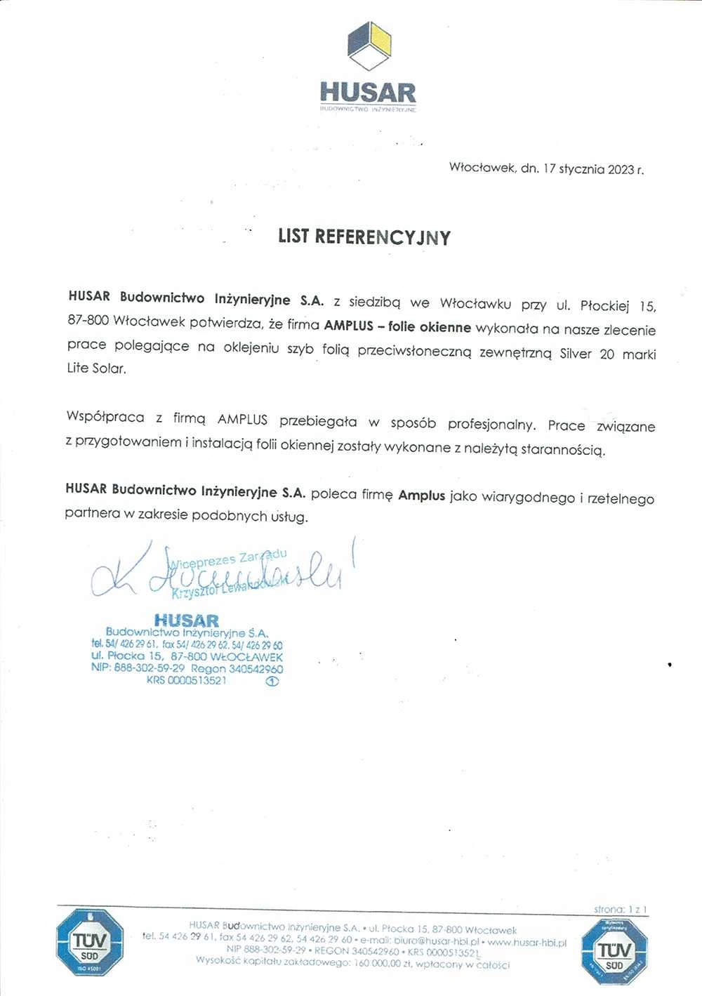 Referencje folia przeciwsłoneczna od Husar Budownictwo Inżynieryjne – Włocławek