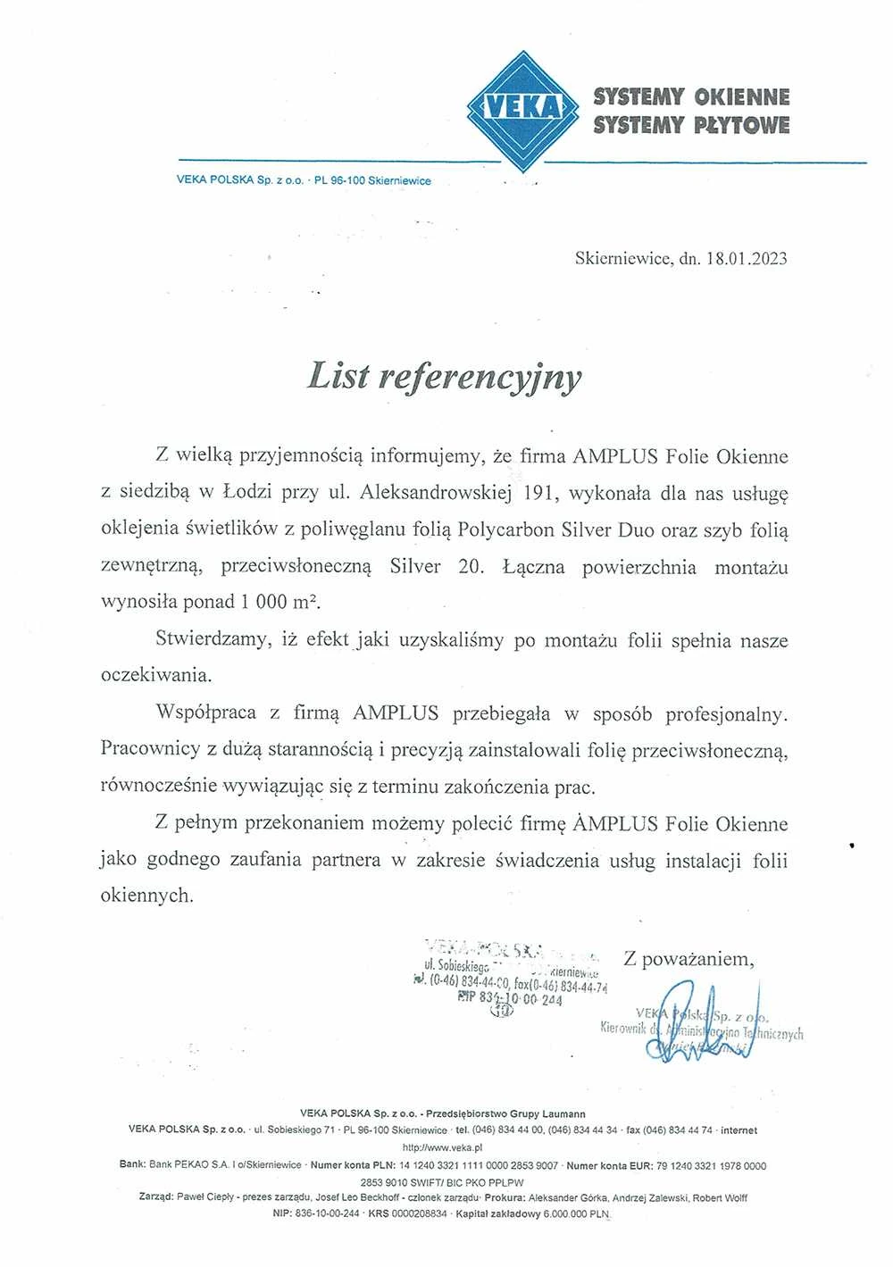 Referencje folia na świetliki oraz folia okienna od VEKA Polska – Skierniewice